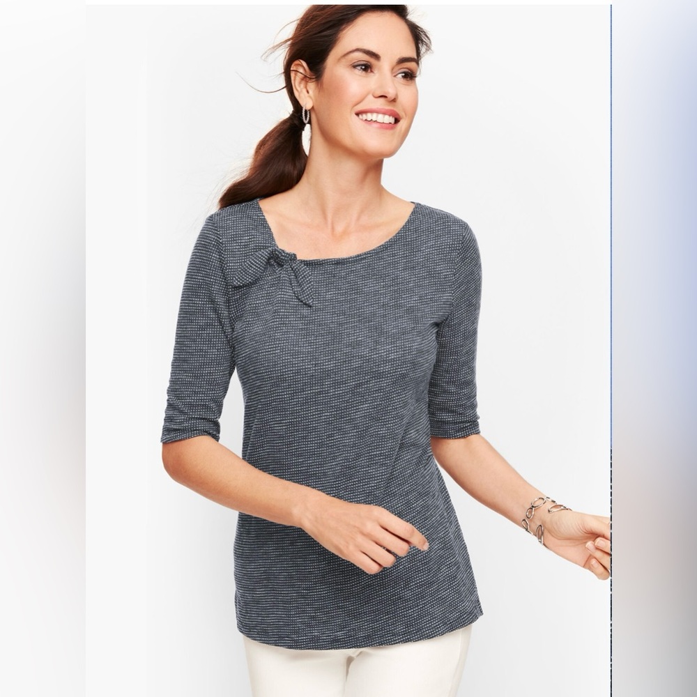 Talbots Dark Gray & White Small Bird’s Eye Print Short Sleeve Tee with Bow -Sz L